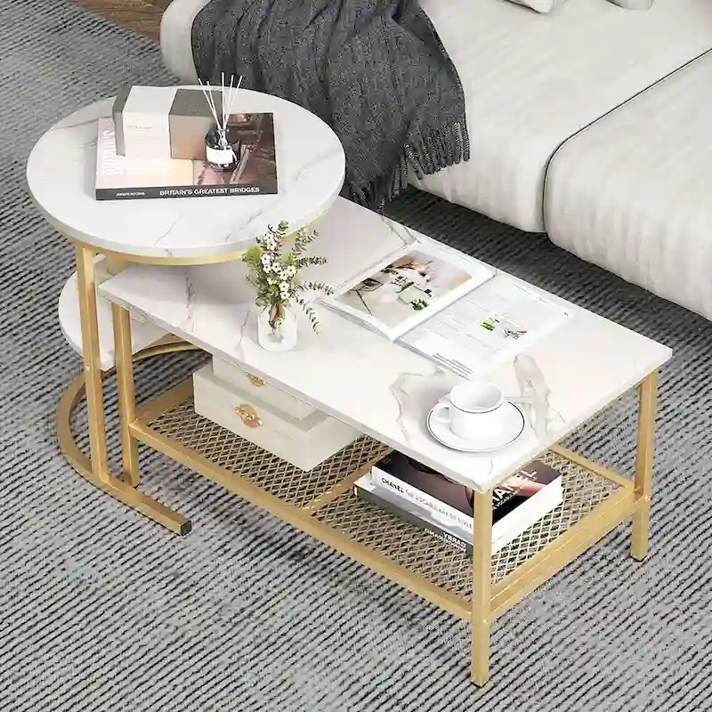 Gymax Nesting Coffee Table Set of 2 Faux Marble Top Detachable w/