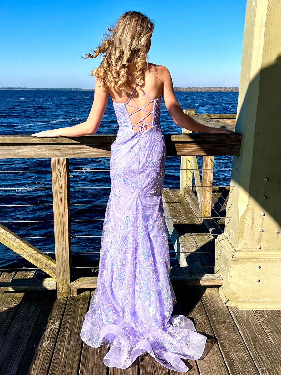 Mermaid Spagehtti Straps Lilac Lace Sequin Long Prom Dresses