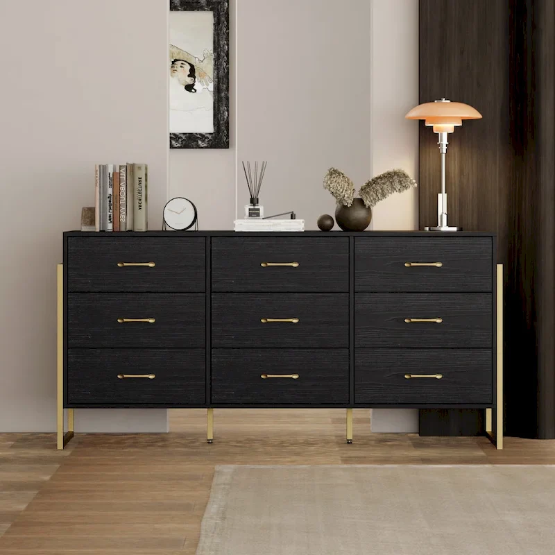 Versatile 9-Drawer Dresser - Sleek Black & Gold, Premium Quality Chest