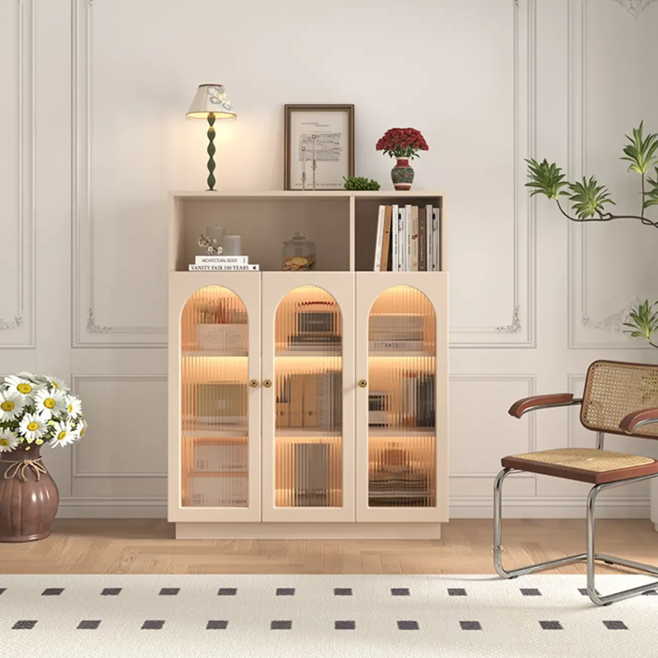 Modern Transparent White Wood Bookcase with Glass Doors