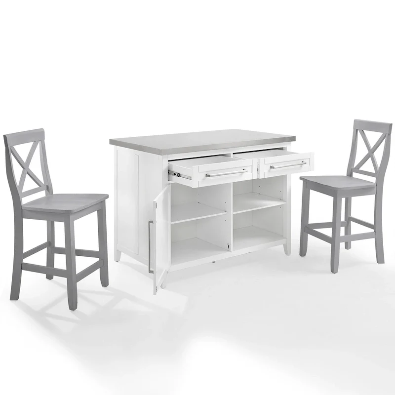 Silvia Stainless Steel Top Kitchen Island W/X-Back Stools - 57d x 46w x 41h