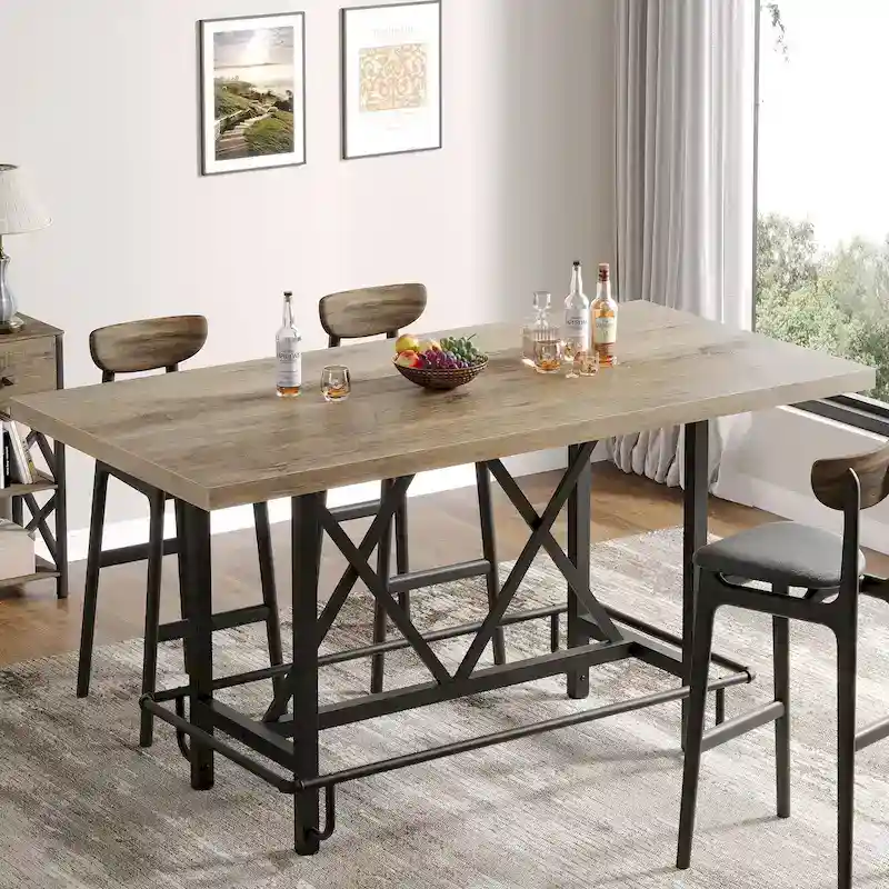 6-People Counter Bar Height Pub Table withe Footrest, Tall Bar Table with Thicken Wood Tabletop and Metal Frame for Home/Kitchen