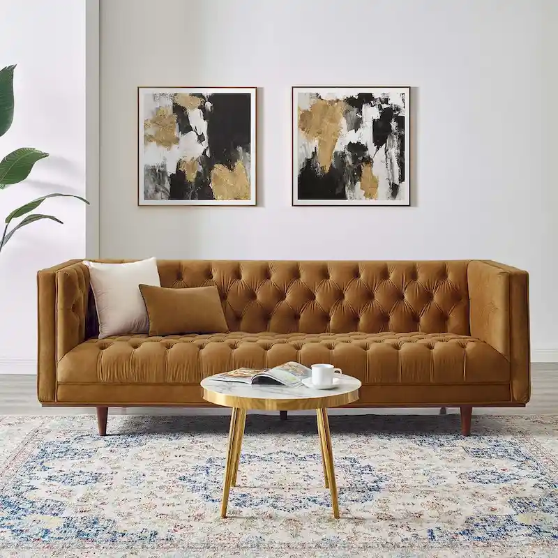 Gray / Navy / Cognac Tufted Velvet Sofa, 3-Seater