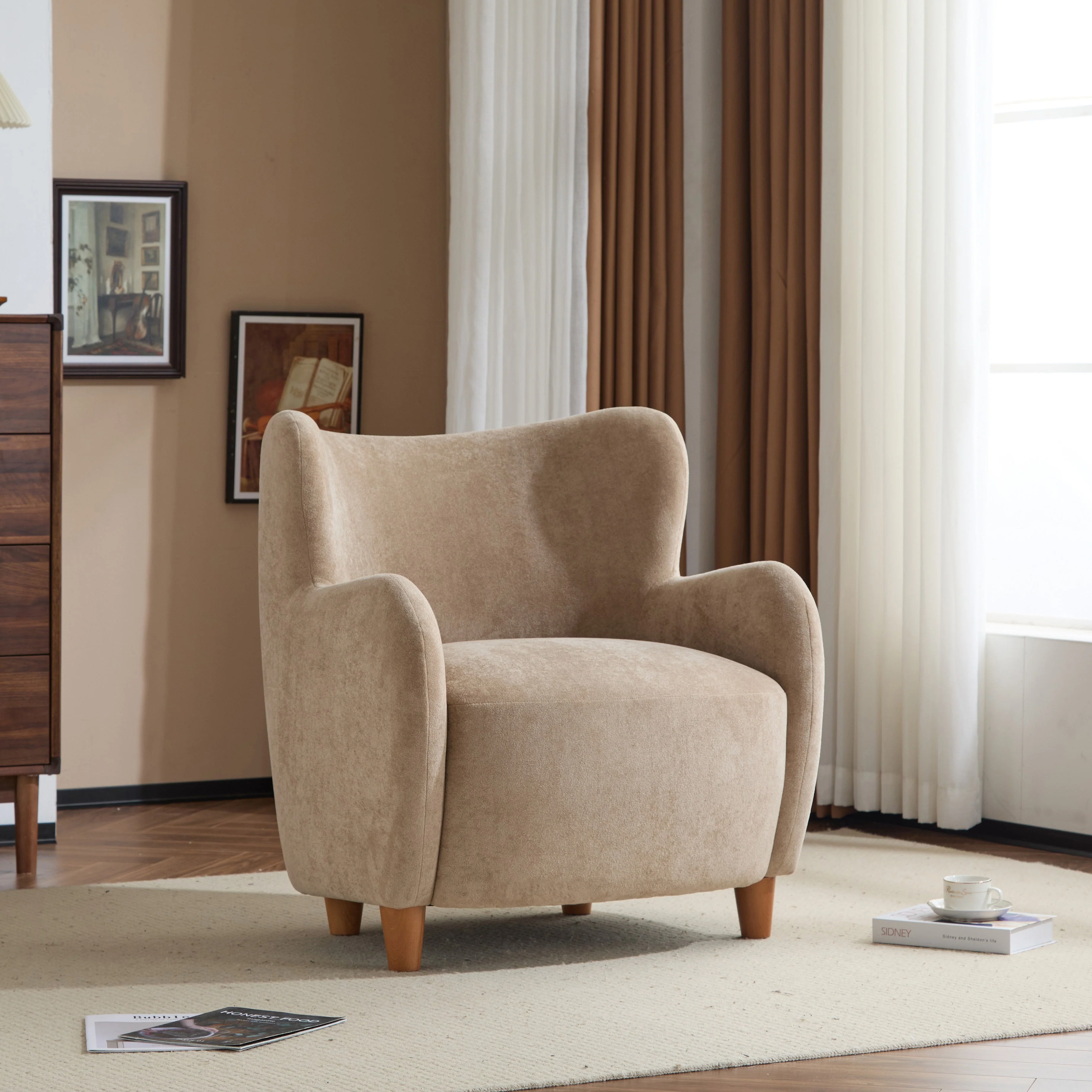 Luxury Modern Fabric Armchair with Round Arms & Tapered Legs