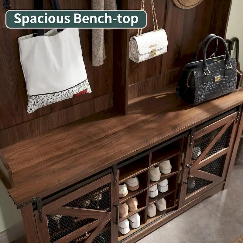 42 Wide Farmhouse Entryway Bench with Coat Rack, Mudroom Cabinet