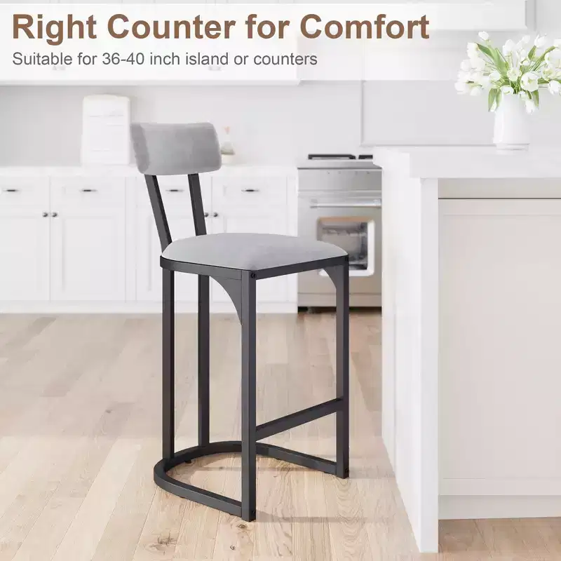 Set of 2 Suede Counter Height Bar Stools with Backrest - Mid-Century Modern Upholstered Stools with U-Shaped Metal Legs for Kitchen Island