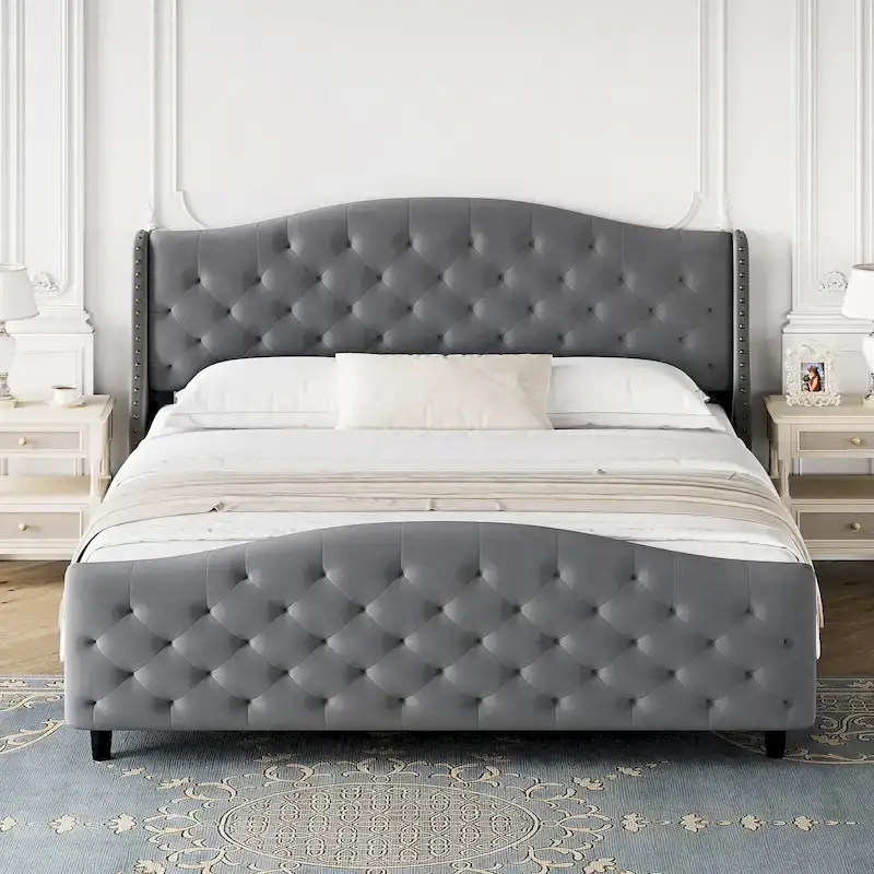 Bed Frame With Velvet Upholstered Headboard And Footboard