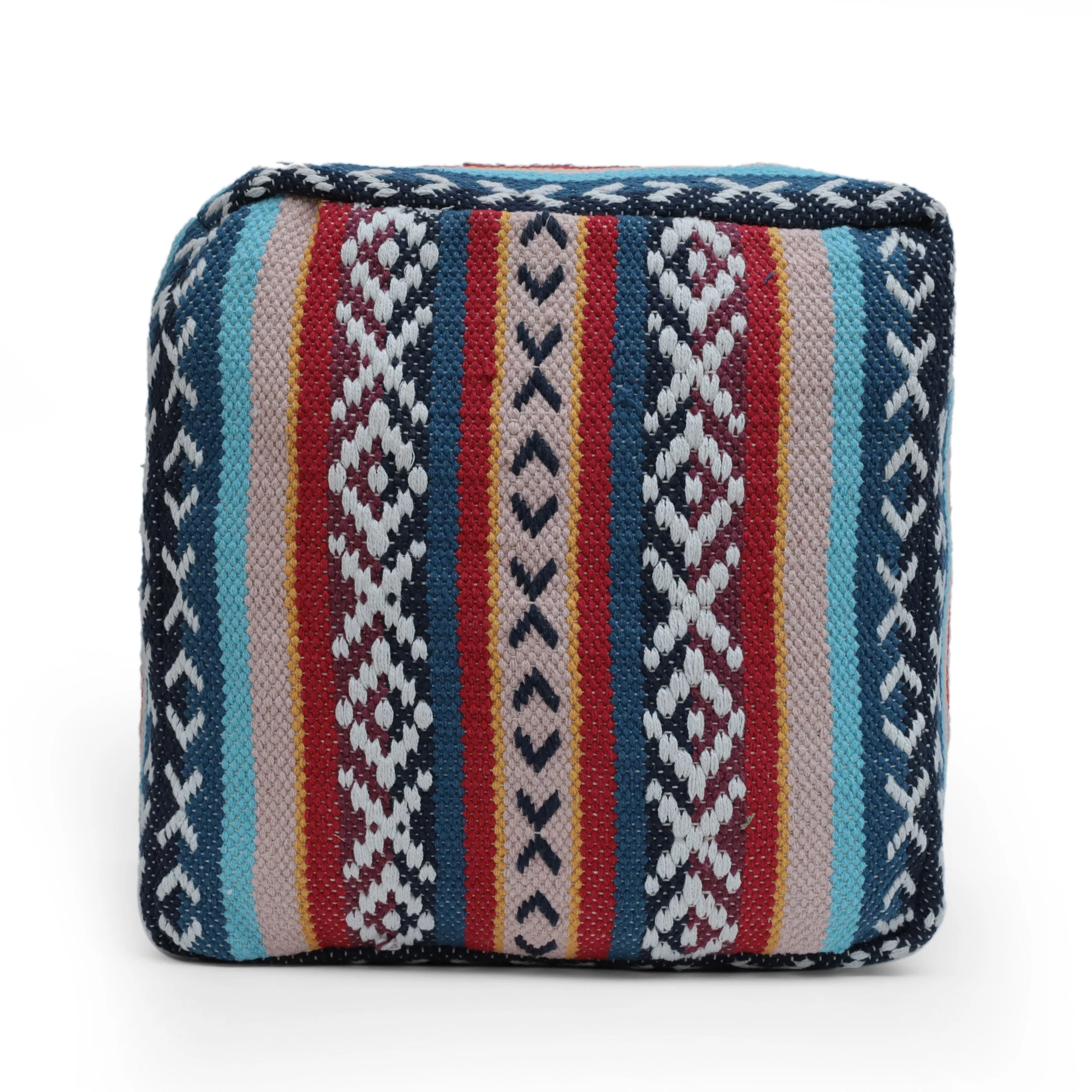 Boho Handcrafted Peruvian Print Cube Pouf - NH615413
