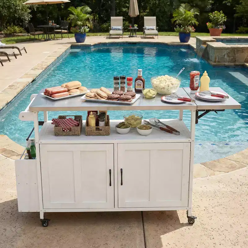 sumyeg Foldable Outdoor Kitchen Island Cart with Stainless Steel Top, Fir Wood Prep Station with Adjustable Shelf, Lockable Wheels, White