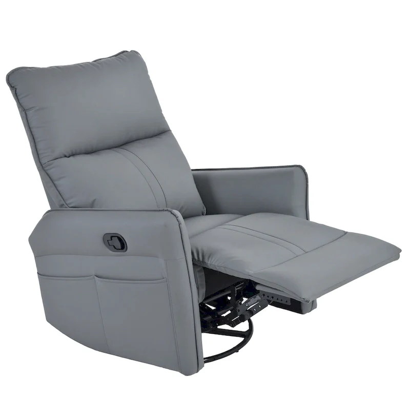 Blue-Gray PU Leather Swivel Glider Rocker Recliner with Pockets, Backrest
