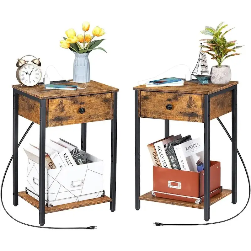 Set of 2 Nightstand with Charging Station
