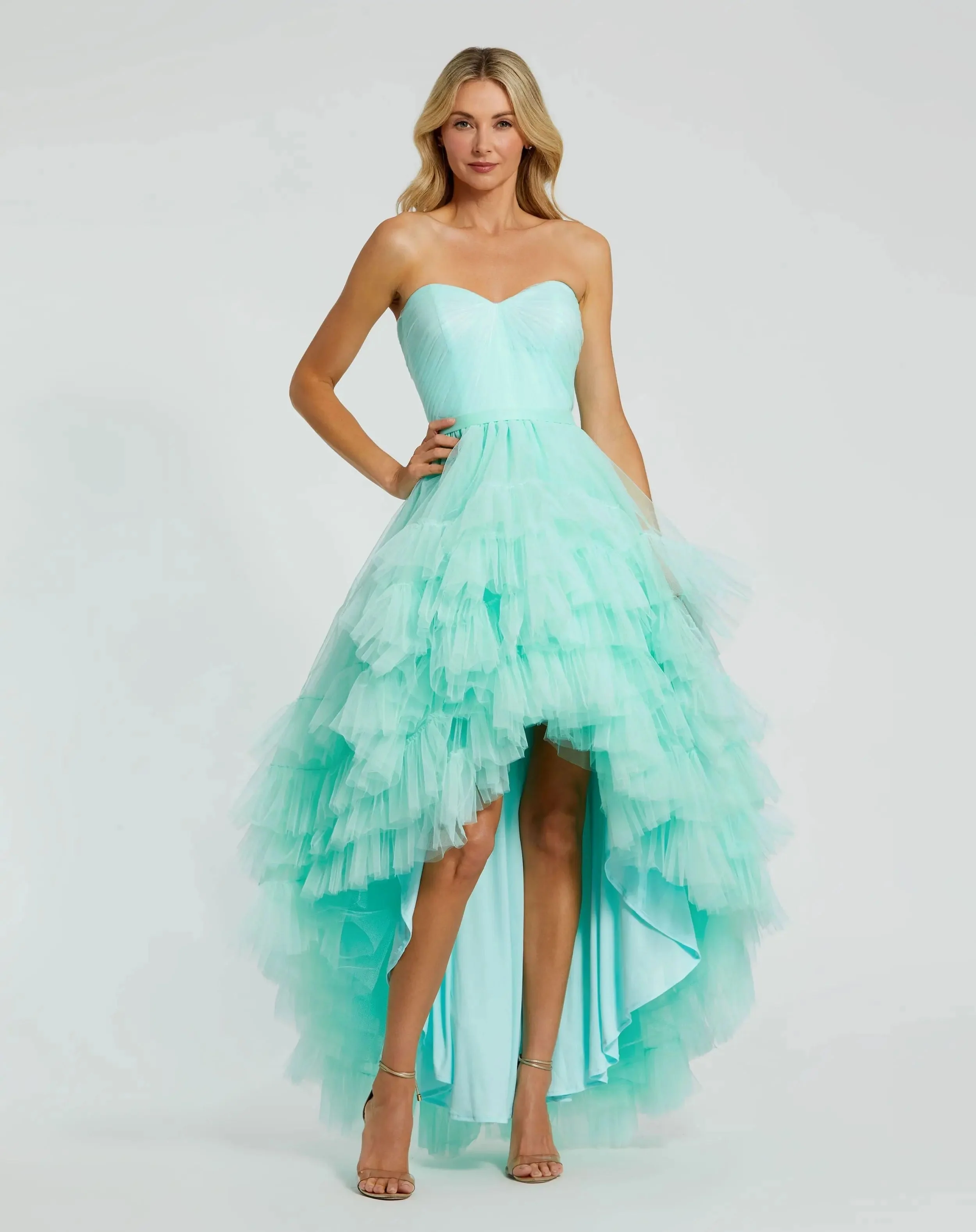 Green Strapless Ruched Sweetheart Ruffle High Low Gown