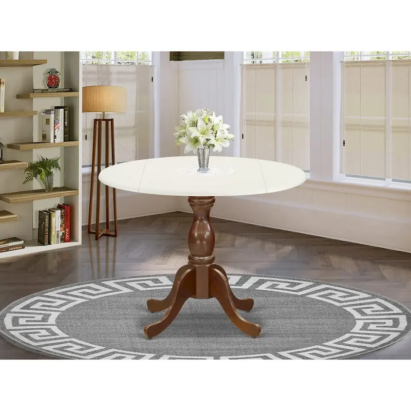 East West Furniture Dublin Dining Room Table - a Round kitchen Table Top with Dropleaf & Pedestal Base, Linen White & Mahogany
