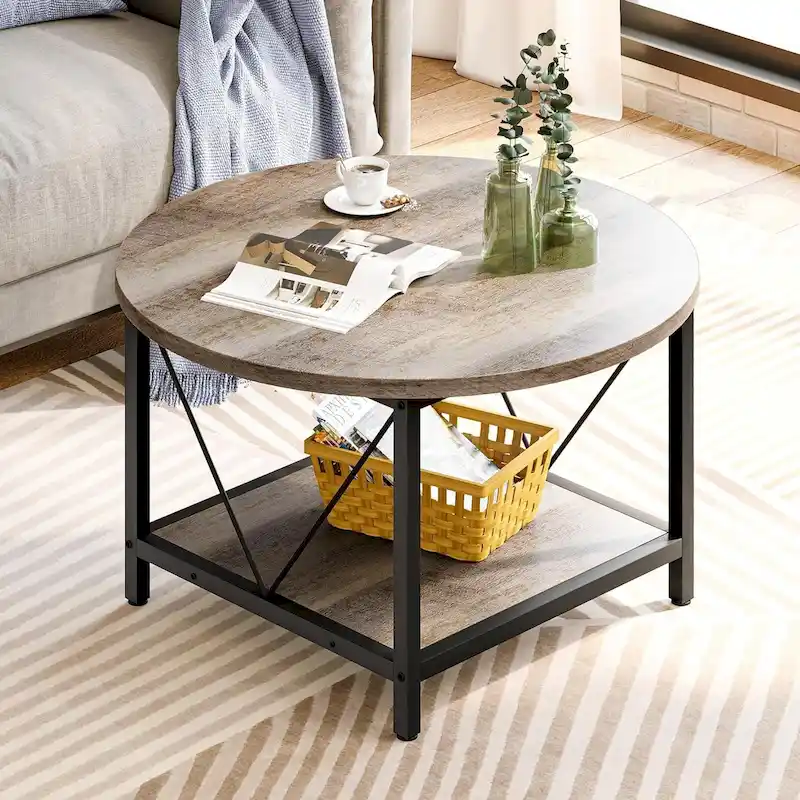 Moasis Industrial 2-Tier Round Coffee Table with Shelf