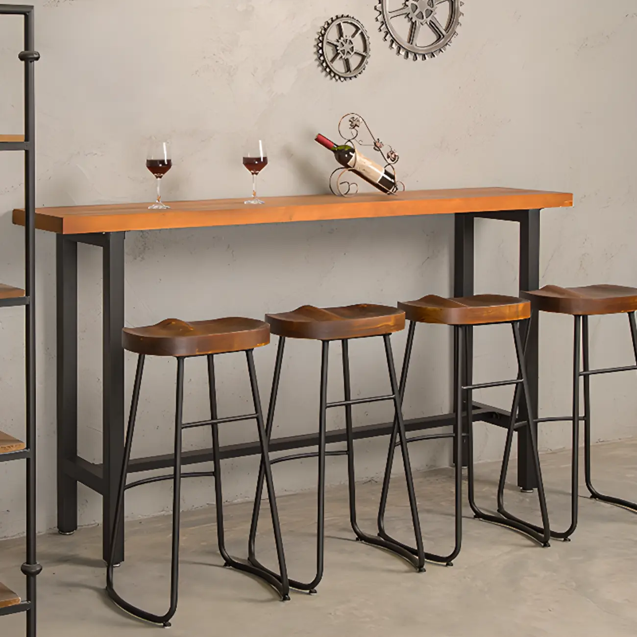 Modern Industrial Bar Table Wood Top Metal Trestle Base