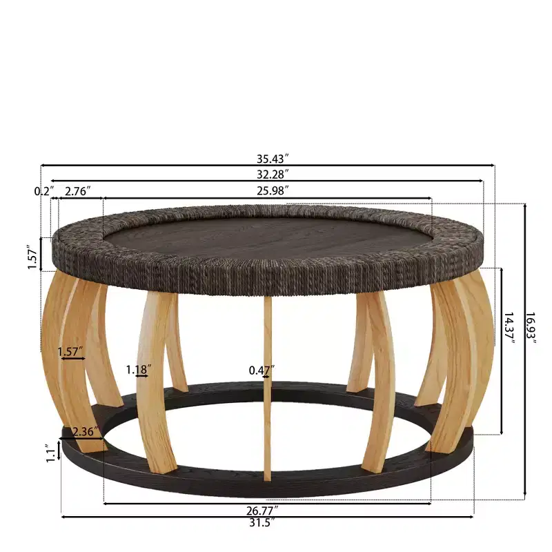 GDFStudio Olumide Bohemian Wooden Round Coffee Table with Curved Legs and Rattan Design
