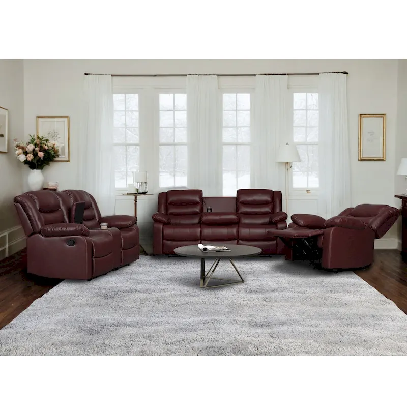Faux Leather Manual Reclining Living Room Sofa with Dropdown Table and Console