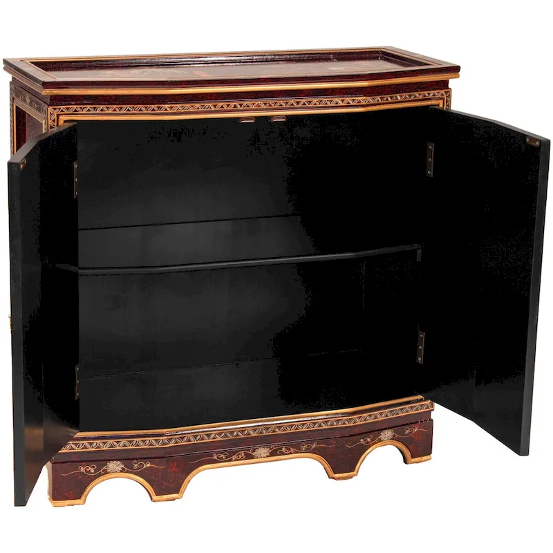 Red Lacquer Slant Sideboard, Hand-Painted Landscape, 2 Doors