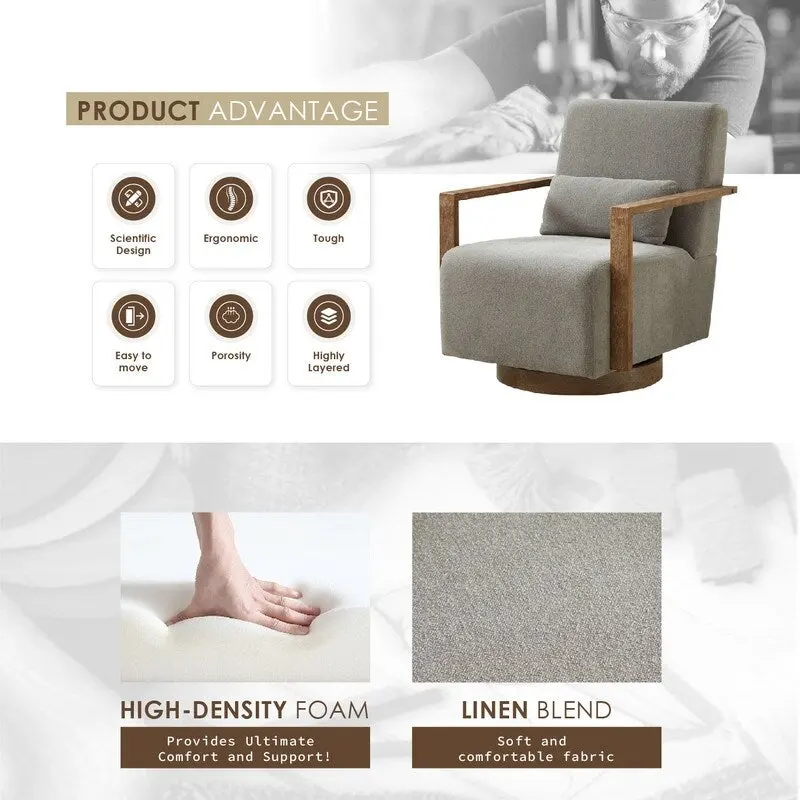 360 Degree Swivel Accent Chair with Solid Wood Armrest and Base