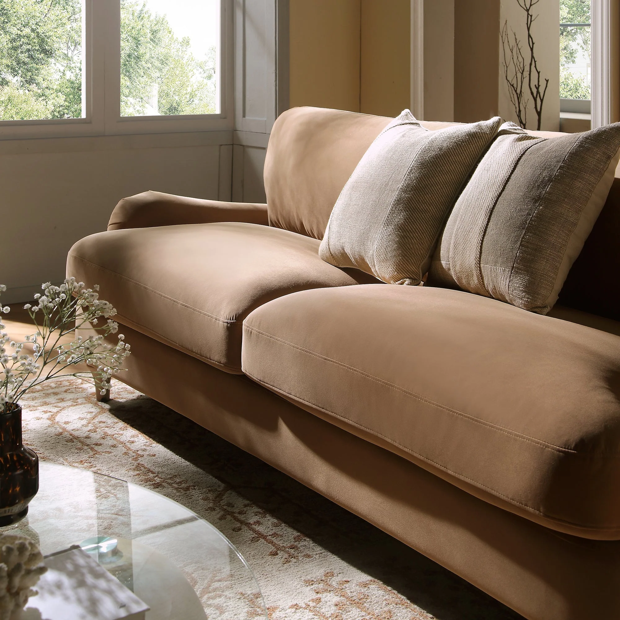 Camel Velvet Sofa, 3-Seater