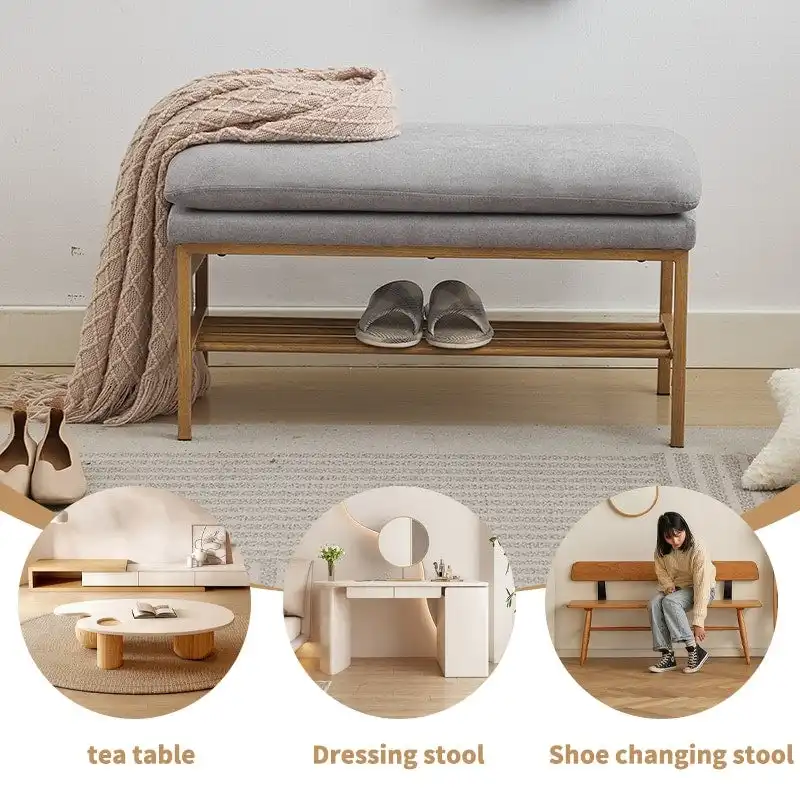 End of Bed Bench with Shelf, Linen Upholstered Storage Shoe Bench, Modern Bedroom Bench with Metal Legs
