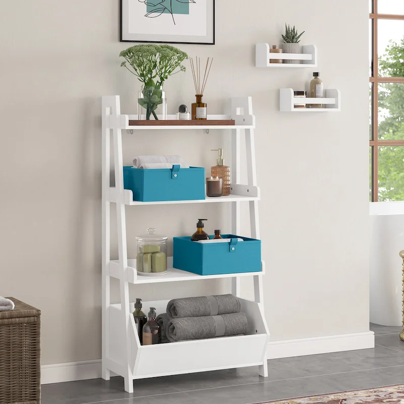 RiverRidge Amery 4-Tier 24in Ladder Shelf with Display Shelf and Storage Organizer Bin - White with 2 10  Floating Bookshelves