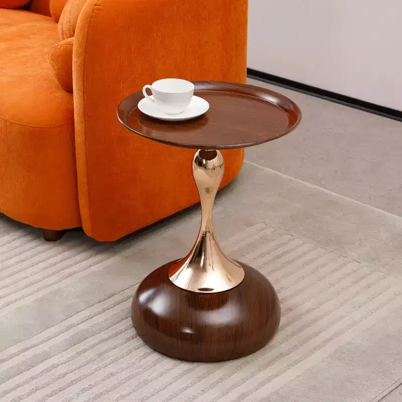 VIYET 21 Mermaid Tail Round End Table, Art Deco Metal Pedestal Accent Table, Minimalist Tray-Style Side Table for Small Spaces (Walnut Brown)