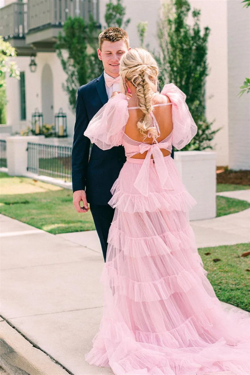 A Line Tow-Piece Tulle Prom Dress with Slit