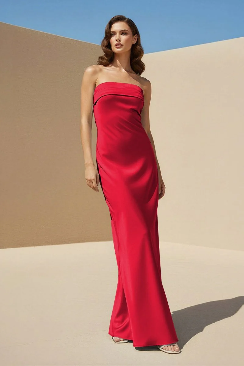 Sky Blue Strapless Sheath Satin Pleated Open Back Long Prom Dresses