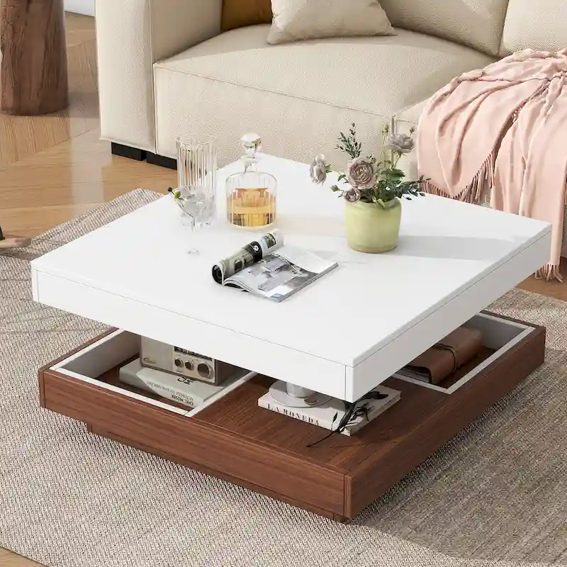 Modern 2-Tier Square 360Rotating Coffee Table with 3 Detachable Tray