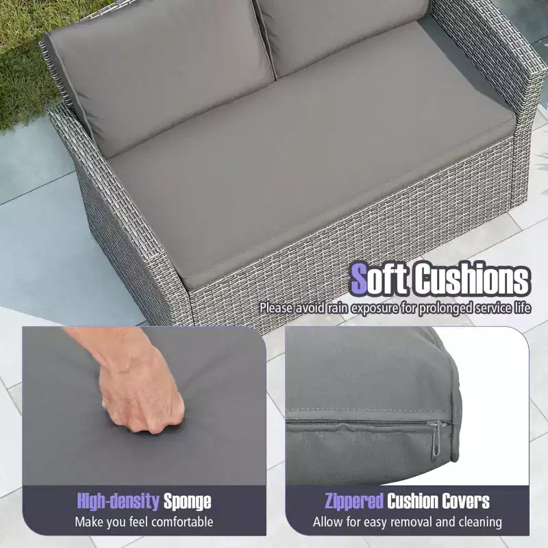 Costway 4 PCS Patio Furniture Set with 2 Rattan Chairs Loveseat Coffee Table Cushions Gray