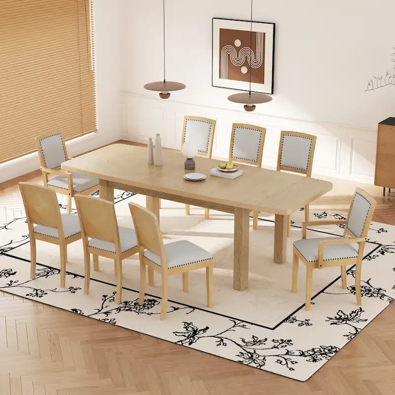 Brown Extendable Dining Table with 8 Upholstered Chairs