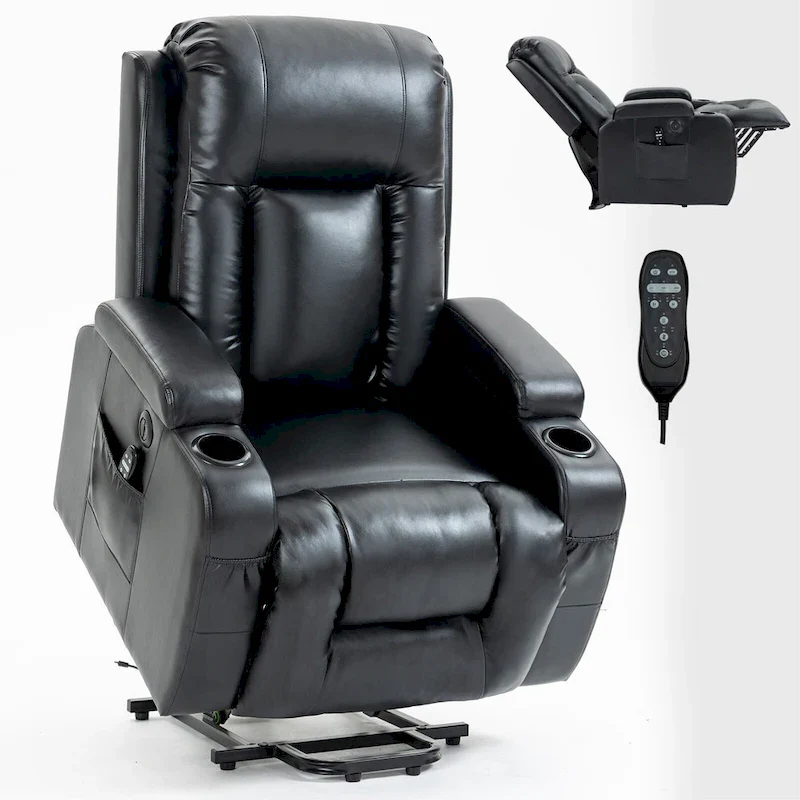 Power Lift Recliner with Massage, Heat and Cup Holders – Black / Brown, Single