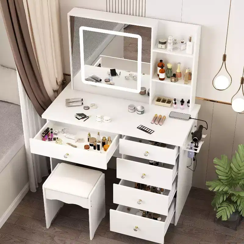 Famapy White Vanity Table Set With Stool,Lighted Makeup Mirror and Charging Station Makeup Vanity Desk Dressing Table Organizer Makeup Vanity Set