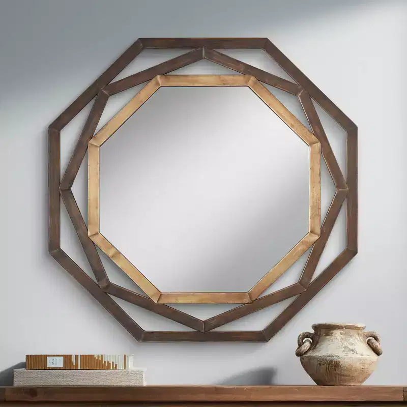 Uttermost Two Tone Octagonal Vanity Decorative Wall Mirror Rustic Golden Bronze Iron Openwork Geometric Frame 32 Wide for Bathroom Bedroom Entryway