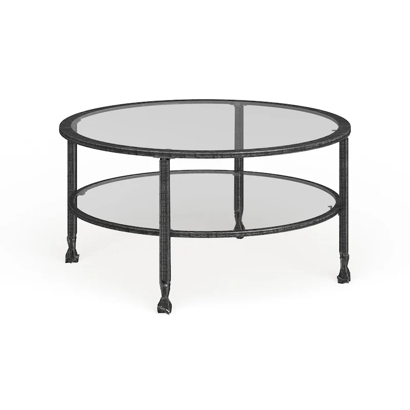 Glenn Distressed Black Metal Round Coffee Table with Glass Top and Shelf