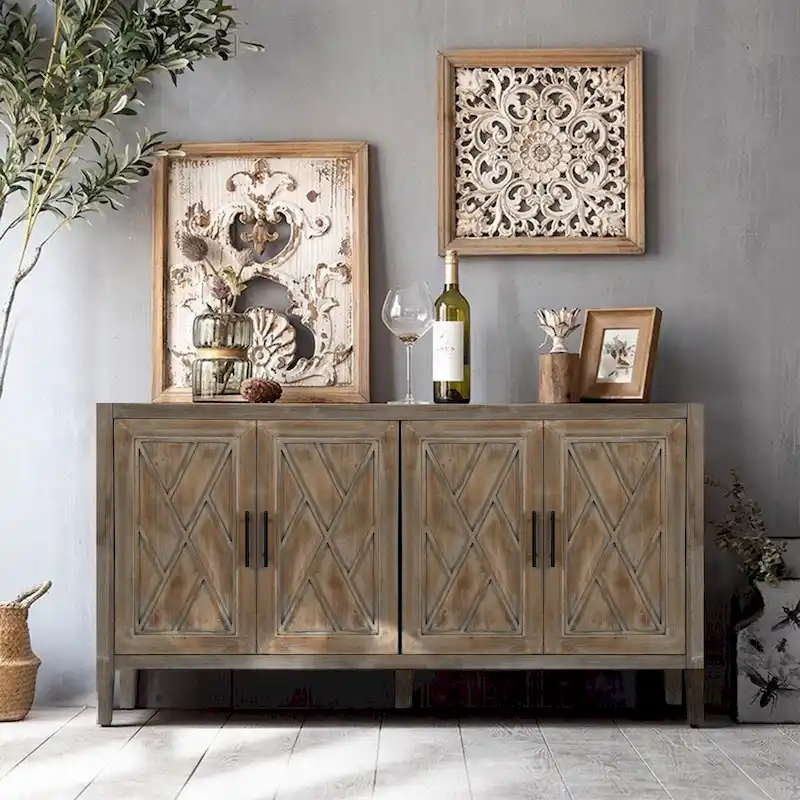 Antique Brown/Black/Coffee 4-Door Fir Wood Sideboard, 59.84 in.