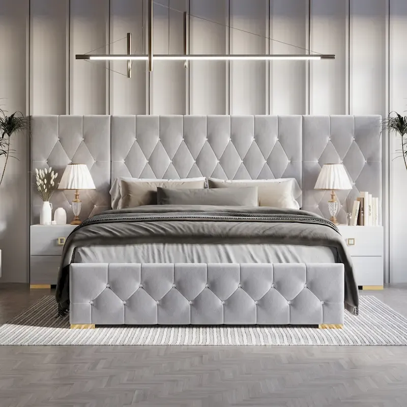 Bedroom Nightstands Luxurious Velvet Tufted Platform Bed
