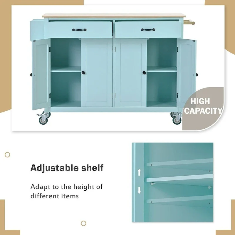 Kitchen Island Cart with Solid Wood Top, Locking Wheels, Spice & Towel Rack