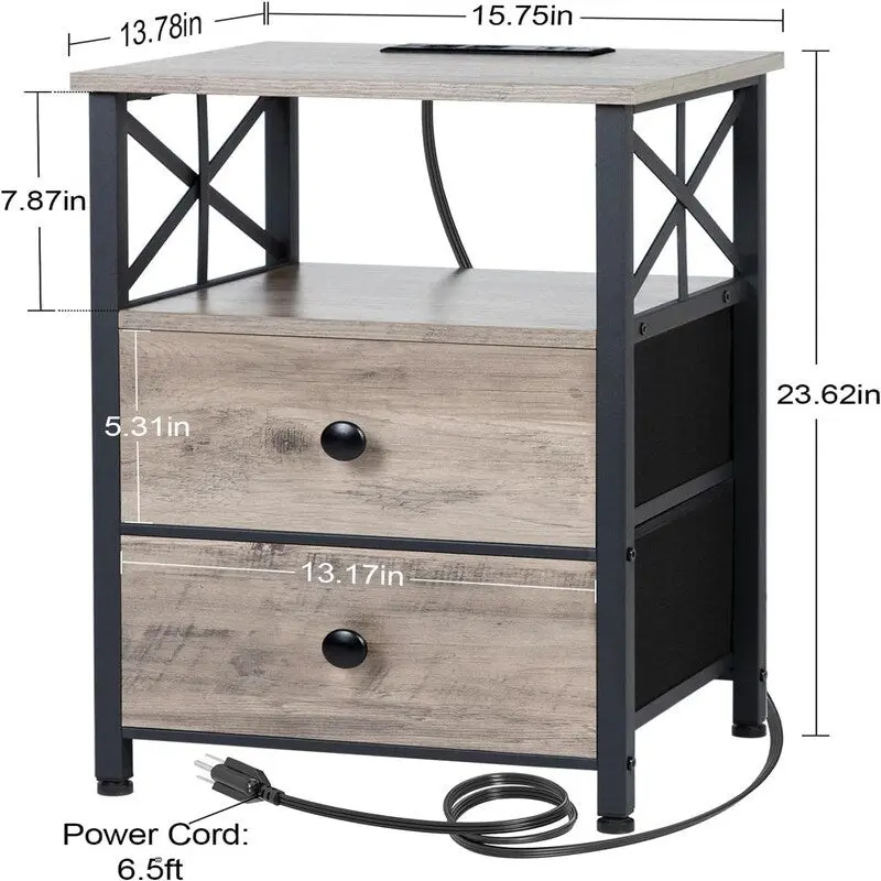 Nightstand with Charging Station and Fabric Drawers