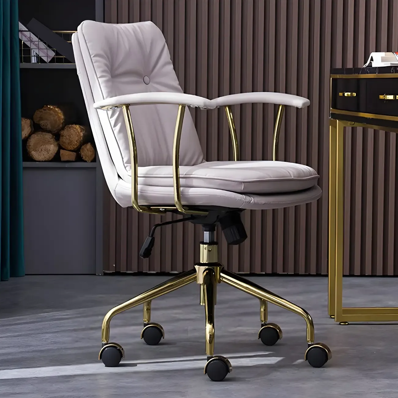 Gold Base Tufted Leather Adjustable Office Chair