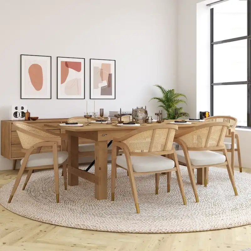 Cane Rattan Dining Chair with Upholstered Seat and Armrests