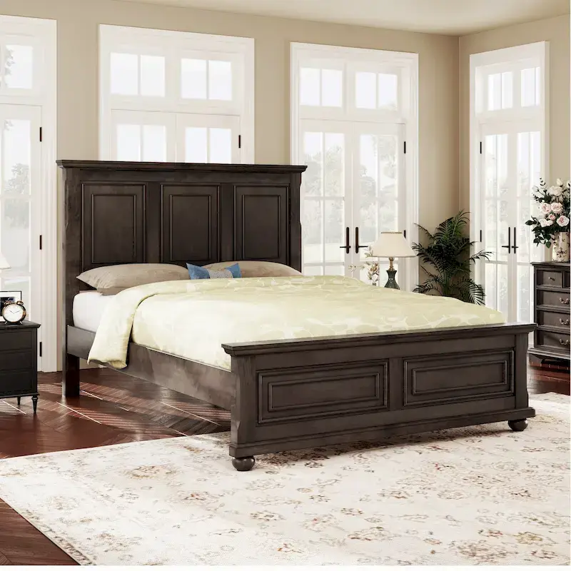 Brown King Size Traditional Pinewood Bed with Wooden Slats Support