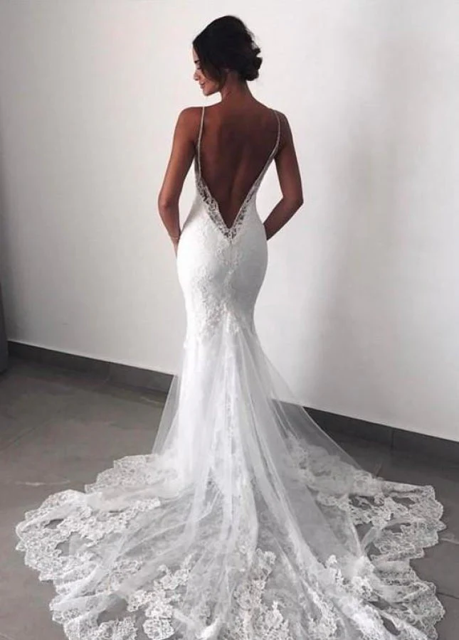 Spaghetti-Straps Backless Mermaid Lace Wedding Dresses with Appliques