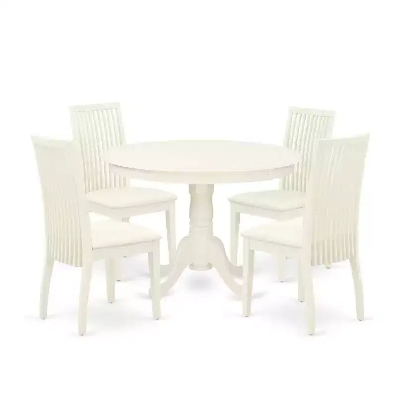 HomeStock 5-Piece Round Linen White Finish Solid Wood Top Dining table with 4 Chairs