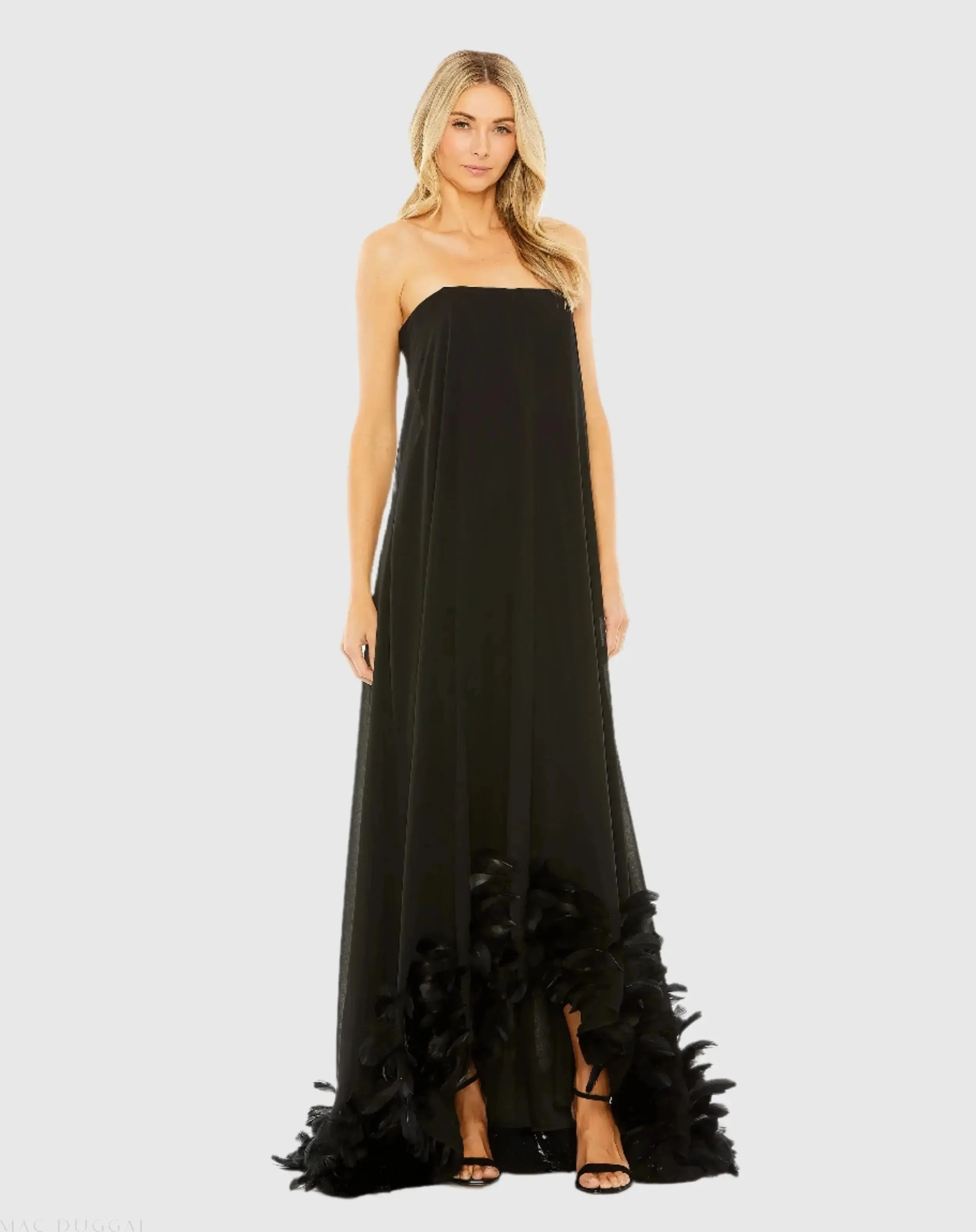 Black Strapless Flare Feather Hem Gown