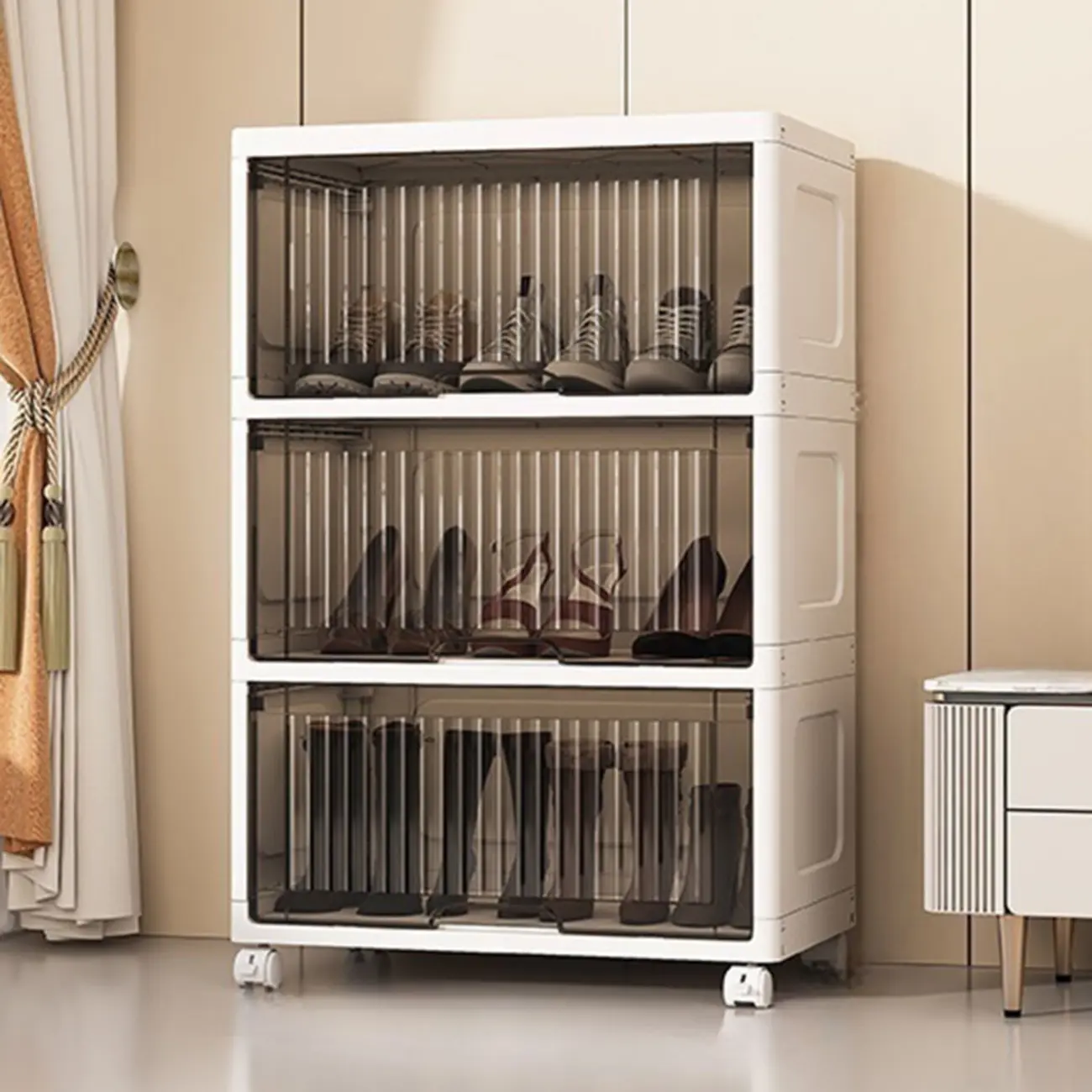 Hallway White Plastic Drop-Front Shoe Cabinet with Casters