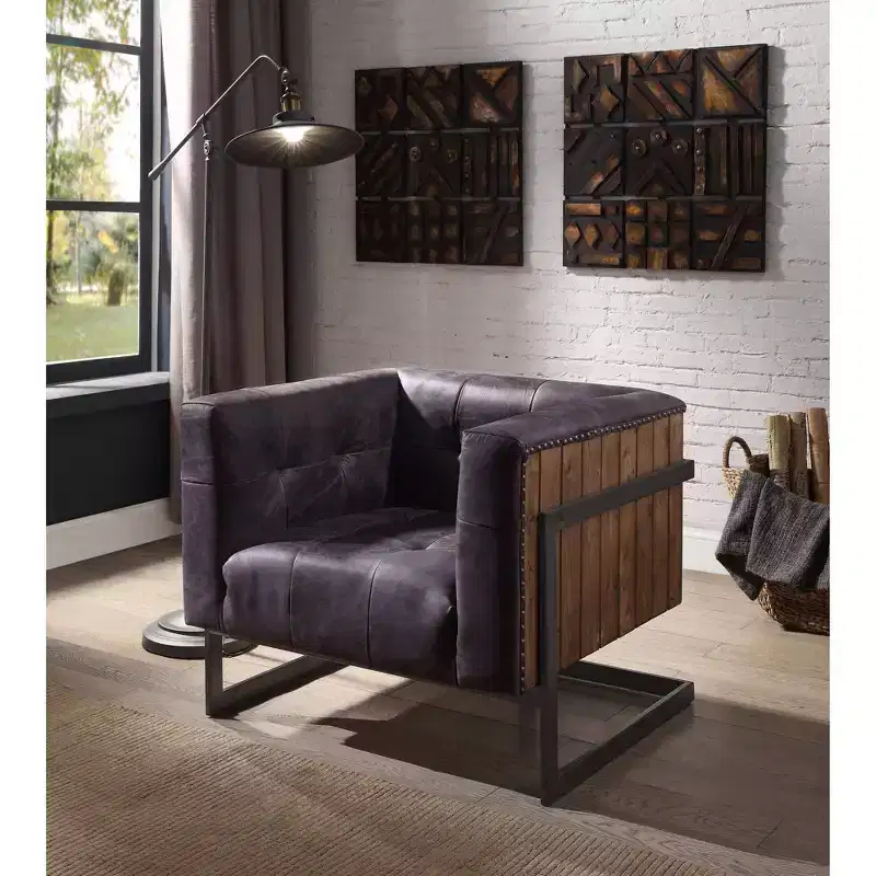 31" Sagat Accent Chair Antique Black Top Grain Leather/Rustic Oak - Acme Furniture: No Assembly, Metal Frame, Spot Clean