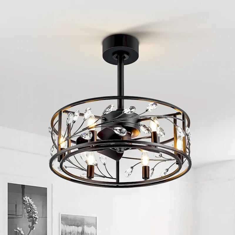 20  Black Caged Ceiling Fan with Crystal Light Kit Remote Control - 20 Inch