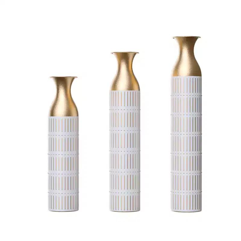 NAYSAYE Set of 3 Large Glazed Floor Vases, Sophisticated Metallic Finish for Modern Home Decor & Stunning Interior Accents, White PU, 20.68*6*35.89